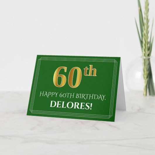 Elegant Faux Gold Kijk 60th Birthday, naam (groen) Kaart (Voorkant)