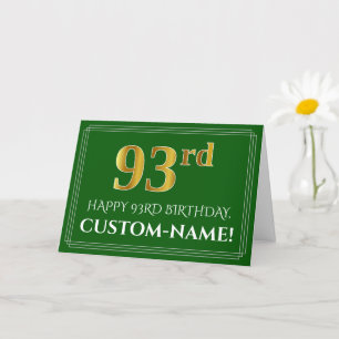Elegant Faux Gold Kijk 93rd Birthday, naam (groen) Kaart