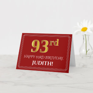 Elegant Faux Gold Kijk "93rd" Birthday, naam (rood Kaart