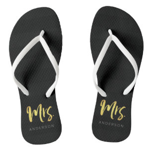 Elegant Faux Gold Name Mrs Black Stripes Teenslippers