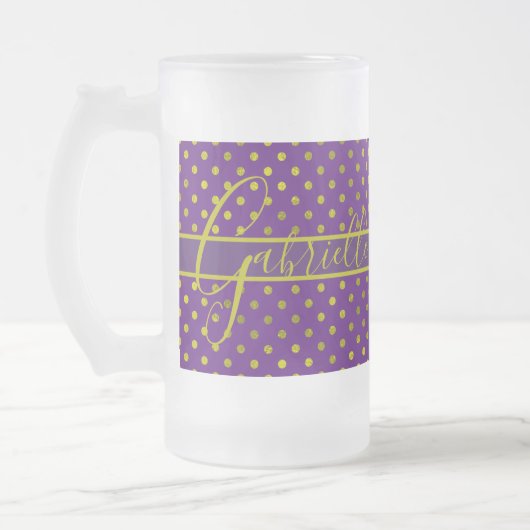 Elegant Faux Gold Polka Dots op Paarse monogram Matglas Bierpul (Links)