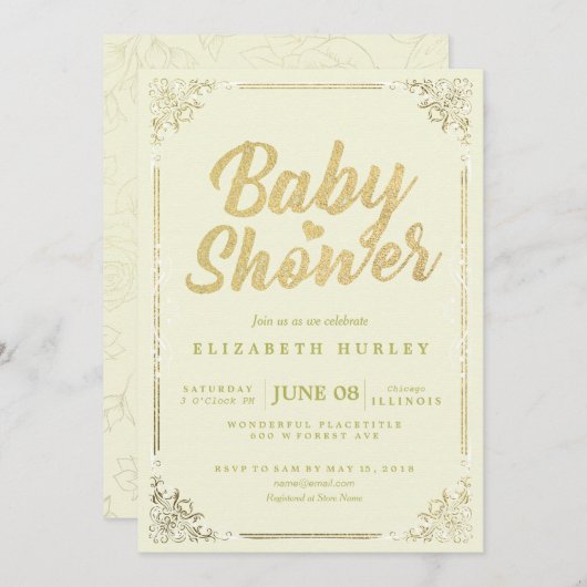 Elegant Faux Gold Script Floral Lijst Baby shower Kaart (Voorkant / Achterkant)