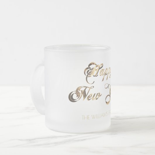 Elegant Faux Gold Script Happy Nieuwjaar Matglas Koffiemok (Voorkant links)
