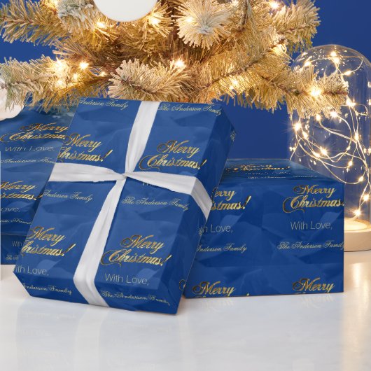 Elegant Faux Gold Script Merry Christmas Blue Cadeaupapier (Feestdagen)