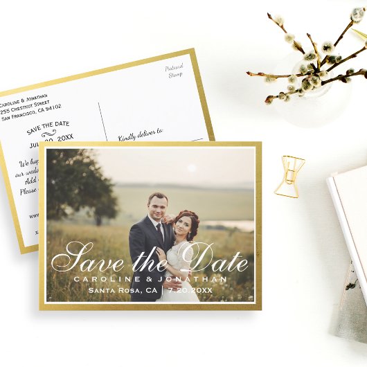 Elegant Faux Gold Script slaat de datum op met fot Aankondigingskaart