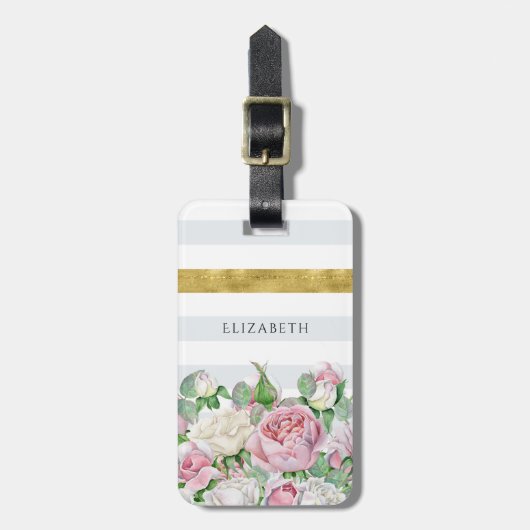 Elegant FAUX Gold Stripe met roze rozen en naam Bagagelabel (Voorkant verticaal)