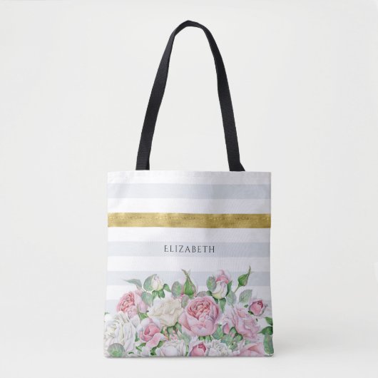 Elegant FAUX Gold Stripe met roze rozen en naam Tote Bag (Voorkant)