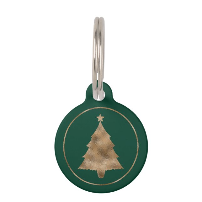 Elegant Faux Golden Folie kerstboom op groen Huisdierpenning (Voorkant)