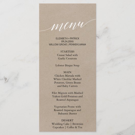 Elegant Faux Kraft Calligraphy Dinner Menu Kaart (Voorkant)
