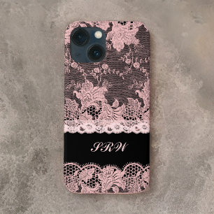Elegant Faux Pink Lace en Black iPhone 13 Mini Hoesje