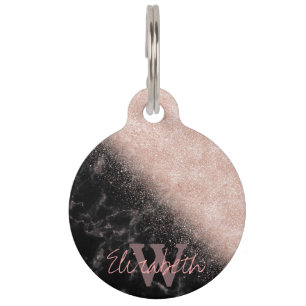 Elegant faux roos gold confetti black marble afbee huisdierpenning