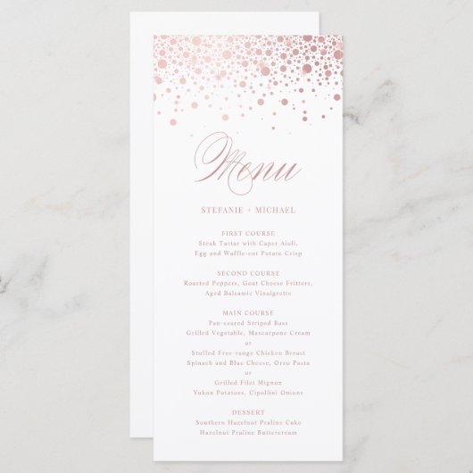 Elegant Faux Roos Gold Foil Confetti Wedding Menu (Voorkant / Achterkant)