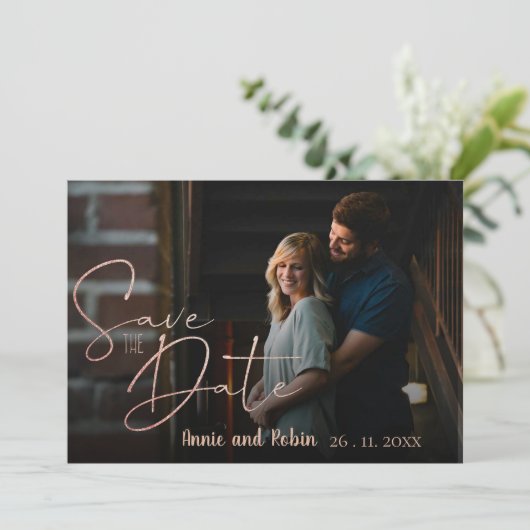 Elegant Faux Roos Gold Script Weduwfoto Save The Date (Staand voorkant)