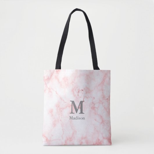 Elegant Faux Roze Marmer Grijs Initialen Monogram Draagtas (Voorkant)