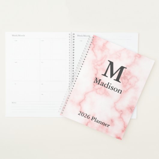 Elegant Faux Roze Marmer Grijs Monogram Naam 2026 Planner (Display)