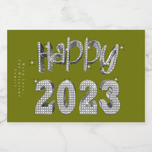 Elegant Faux Silver Lettering Happy Nieuwjaar 2023 Sparkling Wijnetiket (Enkel label)