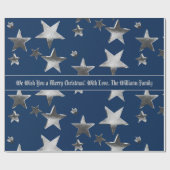 Elegant Faux Silver Stars Pattern Blue Kerstmis Cadeaupapier (Vlak)