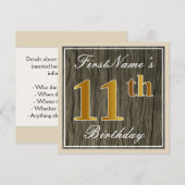 Elegant, Faux Wood, Faux Gold 11th Birthday + Naam Kaart (Voorkant / Achterkant)