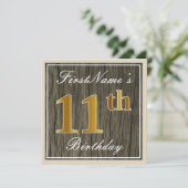 Elegant, Faux Wood, Faux Gold 11th Birthday + Naam Kaart (Staand voorkant)