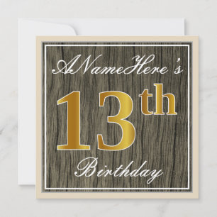 Elegant, Faux Wood, Faux Gold 13th Birthday + Naam Kaart