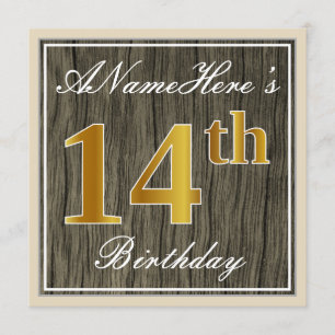 Elegant, Faux Wood, Faux Gold 14th Birthday + Naam Kaart