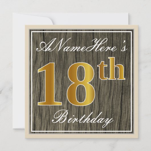 Elegant, Faux Wood, Faux Gold 18th Birthday + Naam Kaart (Voorkant)