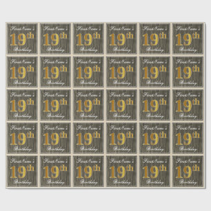 Elegant, Faux Wood, Faux Gold 19th Birthday + Naam Cadeaupapier