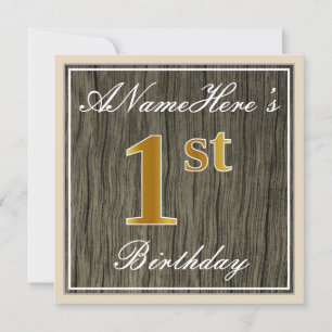 Elegant, Faux Wood, Faux Gold 1st Birthday + Naam Kaart