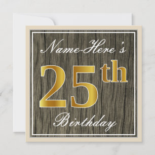 Elegant, Faux Wood, Faux Gold 25th Birthday + Naam Kaart