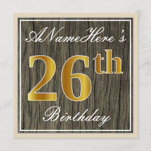 Elegant, Faux Wood, Faux Gold 26th Birthday + Naam Kaart