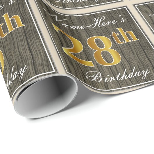 Elegant, Faux Wood, Faux Gold 28ste verjaardag + n Cadeaupapier (Rol Hoek)