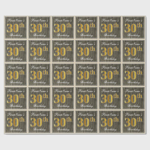 Elegant, Faux Wood, Faux Gold 30th Birthday + Naam Cadeaupapier