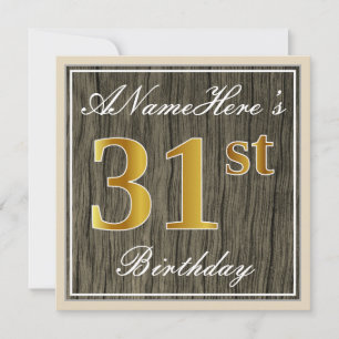 Elegant, Faux Wood, Faux Gold 31st Birthday + Naam Kaart