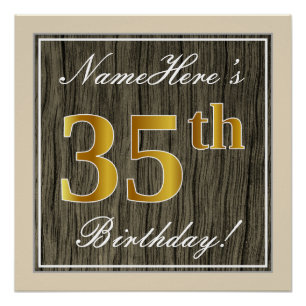 Elegant, Faux Wood, Faux Gold 35th Birthday + Naam Perfect Poster