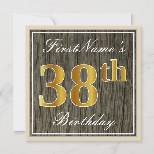 Elegant, Faux Wood, Faux Gold 38th Birthday + Naam Kaart (Voorkant)