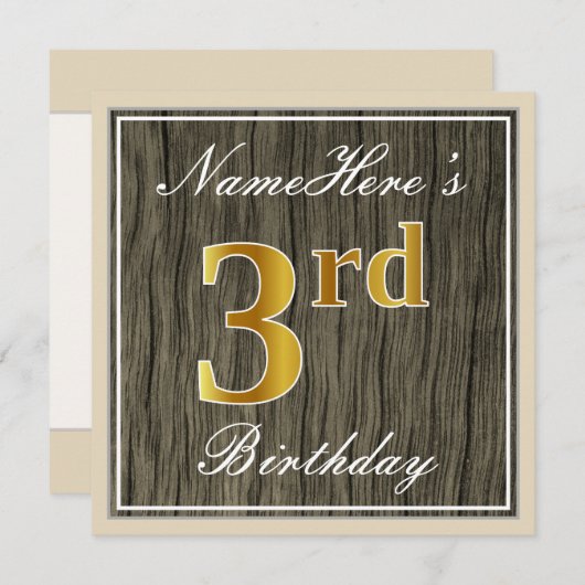 Elegant, Faux Wood, Faux Gold 3rd Birthday + Naam Kaart (Voorkant / Achterkant)