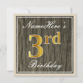 Elegant, Faux Wood, Faux Gold 3rd Birthday + Naam Kaart (Voorkant)