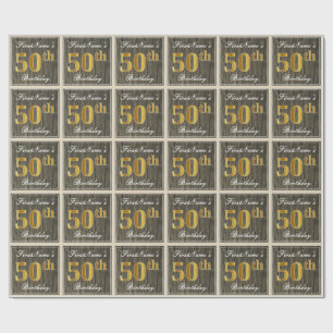 Elegant, Faux Wood, Faux Gold 50th Birthday + Naam Cadeaupapier