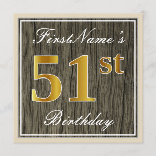 Elegant, Faux Wood, Faux Gold 51st Birthday + Naam Kaart