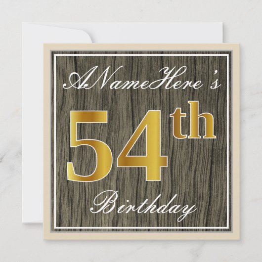 Elegant, Faux Wood, Faux Gold 54th Birthday + Naam Kaart (Voorkant)