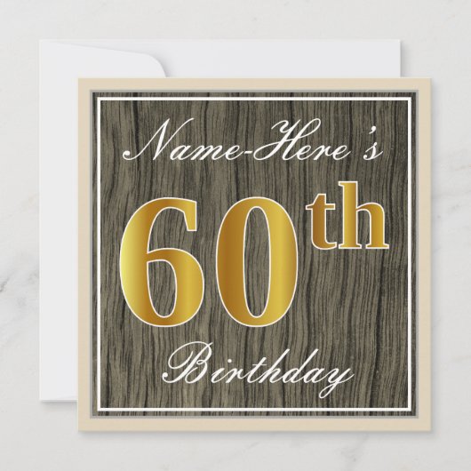 Elegant, Faux Wood, Faux Gold 60th Birthday + Naam Kaart (Voorkant)