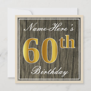 Elegant, Faux Wood, Faux Gold 60th Birthday + Naam Kaart
