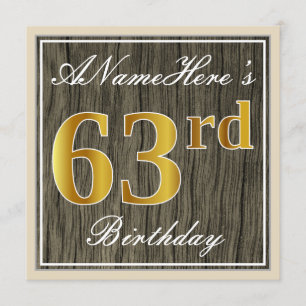 Elegant, Faux Wood, Faux Gold 63rd Birthday + Naam Kaart