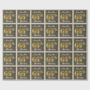Elegant, Faux Wood, Faux Gold 66th Birthday + Naam Cadeaupapier