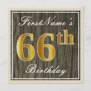 Elegant, Faux Wood, Faux Gold 66th Birthday + Naam Kaart