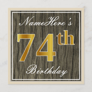 Elegant, Faux Wood, Faux Gold 74th Birthday + Naam Kaart