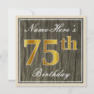 Elegant, Faux Wood, Faux Gold 75th Birthday + Naam Kaart