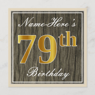 Elegant, Faux Wood, Faux Gold 79th Birthday + Naam Kaart