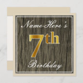 Elegant, Faux Wood, Faux Gold 7th Birthday + Naam Kaart (Voorkant / Achterkant)