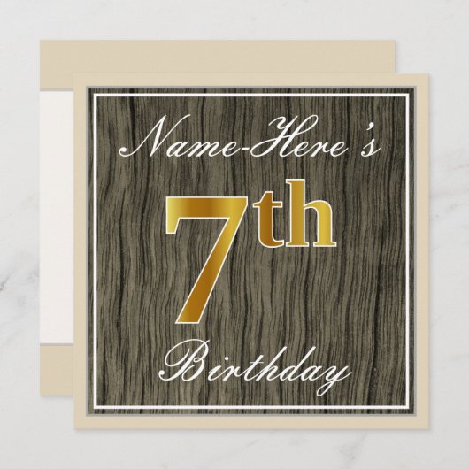 Elegant, Faux Wood, Faux Gold 7th Birthday + Naam Kaart (Voorkant / Achterkant)